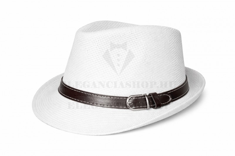   Szalmakalap bőrszíjjal - Fehér Női sapka,kesztyű,sál